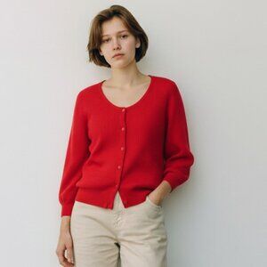 Talbots Scoop Neck Button Up Cardigan Balloon Sleeves M Red #314E